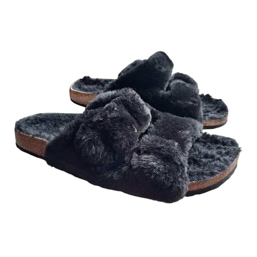 Fitory‎ Womens Black Faux Fur Double Strap Buckle Slide Sandals Size 10
